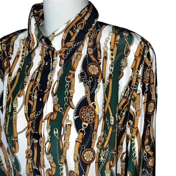 Vintage gold  Chain print equestrian women's blouse Elisabeth Liz Claiborne  18P - Picture 3 of 5